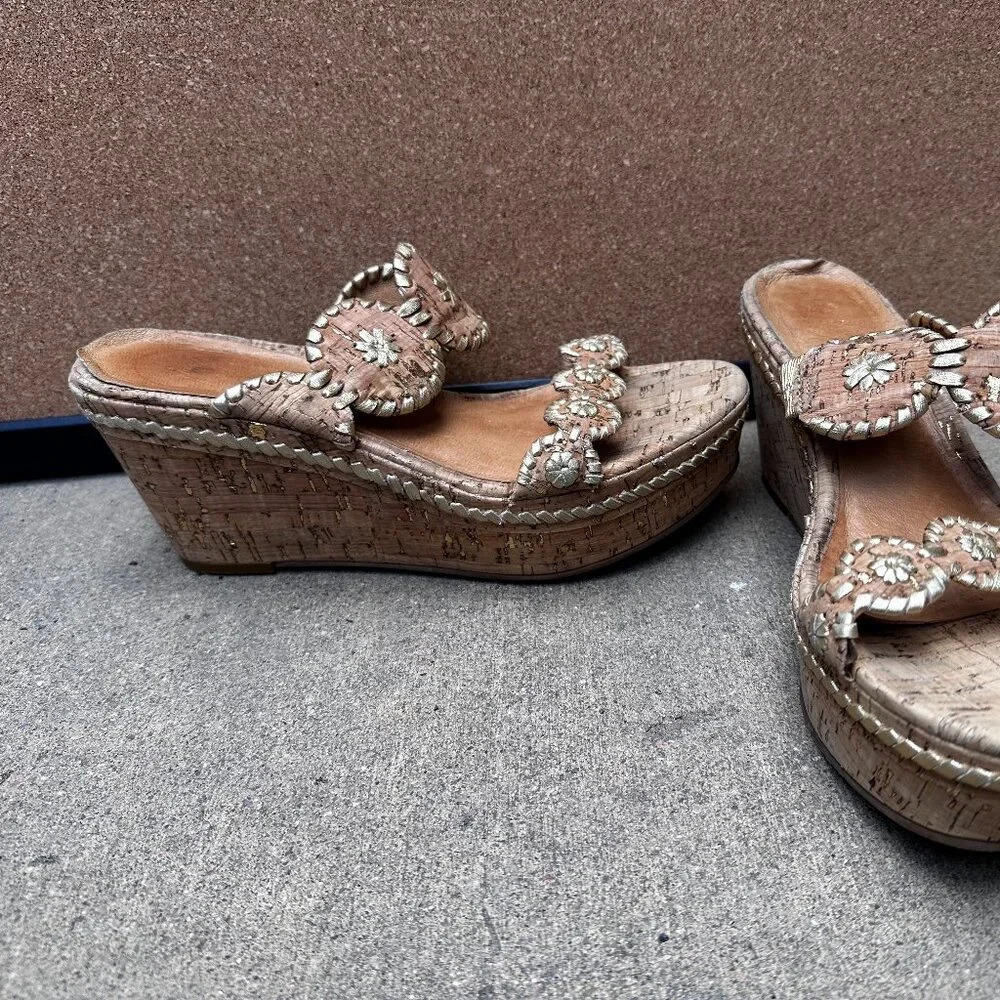 JACK ROGERS Platinum Gold Whipstitched Cork Platform Padded Sandals Size 8.5